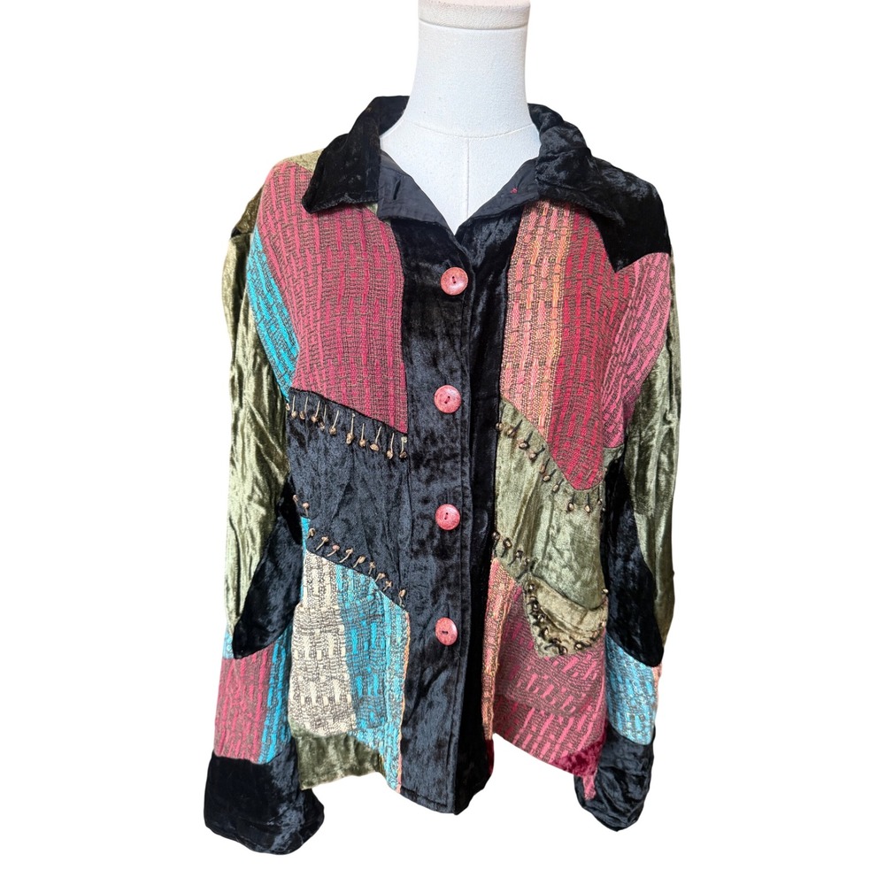 Vintage Toshi Patchwork Velvet Tapestry Jacket Size M Boho Eclectic Art To Wear